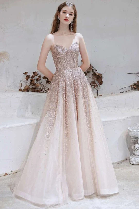 Gradient Rose Gold Tulle Strapless Prom Gown with Cape